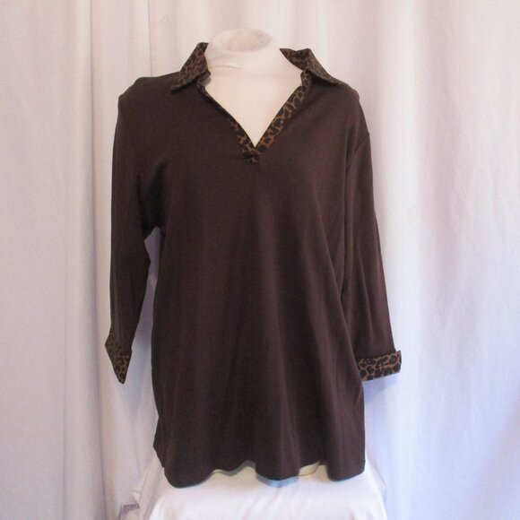 Catherines Shirt 1X Brown Leopard Animal Print Trim Long Sleeve Top - Picture 1 of 8